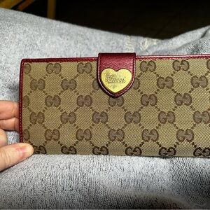 Gucci Brown GG Monogram Continental Wallet with Red Trim and Gold Heart